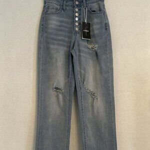 NWT Flamingals Vintage-Inspired 6-Button Lightly Distressed Light Wash Jeans XS